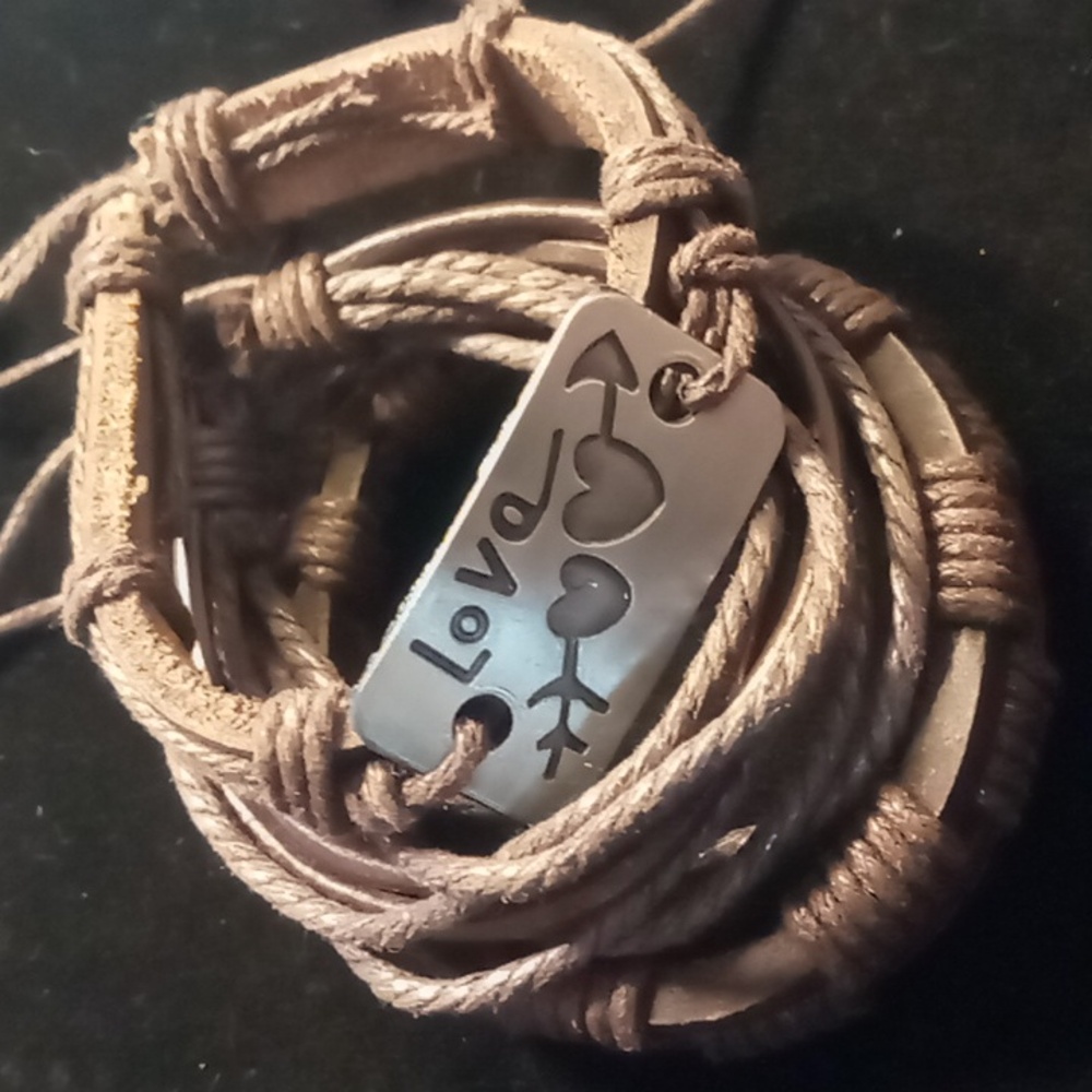 Genuine leather band adjustable slide  bracelet cow hide brown leather